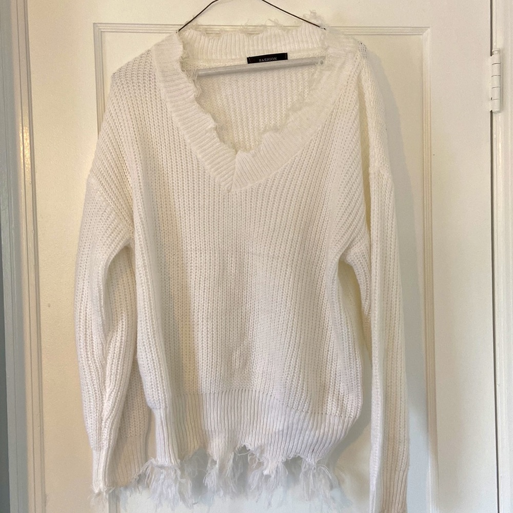 Distressed White Sweater - Large